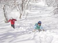 膝下まで雪に埋もれています